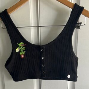 Black Ribbed Crop Tank Top with Green Embroidery